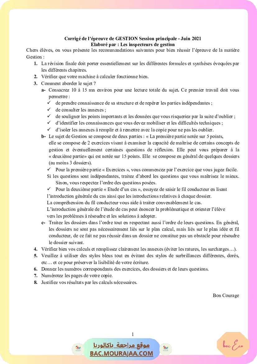 Corrigé principale gestion Bac 2021 – Section eco